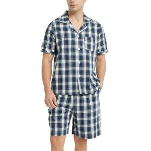 Vulcanodon Mens Cotton Pajama Set Short Sleeve, Button Down Pajama Set for Men Lightweight Men's Sleepwear(Navy Plaid,M)