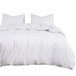 Wake In Cloud - Striped Cotton Duvet Cover Set, Ticking Stripe Vertical Pinstripe Farmhouse, 100% Washed Cotton Textured Percale Bedding Set, 3 Pieces, White, King Size