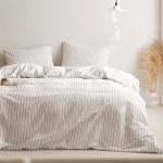 Wake In Cloud - Striped Cotton Duvet Cover Set, Ticking Stripe Vertical Pinstripe Farmhouse, 100% Washed Cotton Textured Percale Bedding Set, 3 Pieces, White, King Size
