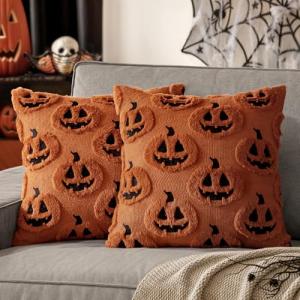 MIULEE Fall Halloween Throw Pillow Covers 20x20 Decorative Pumpkin Pattern Pillowcases Soft Plush Faux Wool Cushions for Home Patio Sofa Couch,Rust