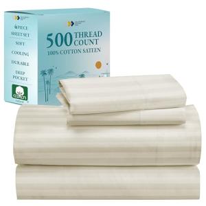 California Design Den 4 Piece Queen Size Sheet Set - 100% Cotton 500 Thread Count Sateen, Cooling Deep Pocket Bed Sheets with Fitted Elastic Sheet, Extra Soft Luxury Hotel Quality - Striped Ivory