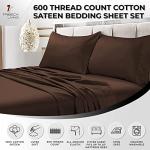 Tribeca Living Bed Sheet Set, Soft Egyptian Cotton Sateen Solid Sheets and Pillowcase Set, Deep Pocket, 600 Thread Count, 6-Piece Luxury Bedding, King, Chocolate