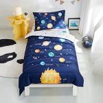 PINNKKU 4-Piece Toddler Bedding Set, Includes 1 Flat Sheet, 1 Fitted Sheet, 1 Comforter and 1 Reversible Pillowcase, Standard Toddler Comforter & Sheet Set, Ultra Soft Toddler Bed Set, Solar System