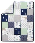 Sweet Jojo Designs Navy Blue Woodland Deer Boy Baby Crib Bedding Set for Infant Nursery Room Quilt, Fitted Sheet, Skirt, Diaper Stacker - 5pc - Mint Green and Grey Woodsy Forest Arrow