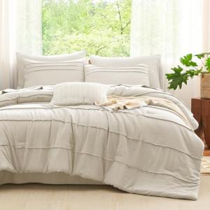 CozyLux Queen Comforter Set Beige, 7 Pieces Soft Prewashed Pinch Pleat Bed in a Bag Queen Comforter Set with Sheets, Boho Bed Set with Down Alternative Comforter, Sheets, Pillowcases & Shams