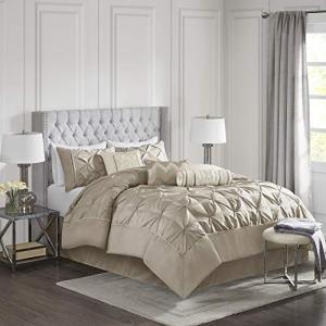 Madison Park Laurel Cozy Comforter Set - Traditional Tufted Faux Silk Design, All Season Down Alternative Bedding with Matching Shams, Decorative Pillow, Taupe King(104"x92") 7 Piece