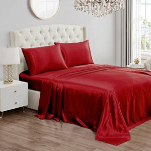 Juicy Couture Full Size Silk Satin Bed Sheet Set, Deep Pocket Silky Full Sheet Set with 1 Fitted Sheet, 1 Flat Sheet and 2 Pillow Case, Wrinkle Resistant and Anti Pilling Bed Sheets - Red