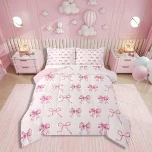 Erosebridal Girls Coquette Bowknot Bedding Set Twin Princess Comforter Set,Lovely Girls Silk Bow Down Comforter with Cute Ribbon Decor Cute Room Decor Aesthetic Kawaii,Pink and White,Soft Cozy