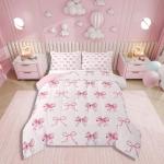 Erosebridal Girls Coquette Bowknot Bedding Set Twin Princess Comforter Set,Lovely Girls Silk Bow Down Comforter with Cute Ribbon Decor Cute Room Decor Aesthetic Kawaii,Pink and White,Soft Cozy