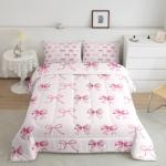 Erosebridal Girls Coquette Bowknot Bedding Set Twin Princess Comforter Set,Lovely Girls Silk Bow Down Comforter with Cute Ribbon Decor Cute Room Decor Aesthetic Kawaii,Pink and White,Soft Cozy