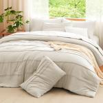 CozyLux Queen Comforter Set Beige, 7 Pieces Soft Prewashed Pinch Pleat Bed in a Bag Queen Comforter Set with Sheets, Boho Bed Set with Down Alternative Comforter, Sheets, Pillowcases & Shams
