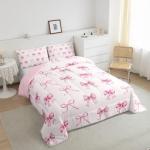 Erosebridal Girls Coquette Bowknot Bedding Set Twin Princess Comforter Set,Lovely Girls Silk Bow Down Comforter with Cute Ribbon Decor Cute Room Decor Aesthetic Kawaii,Pink and White,Soft Cozy
