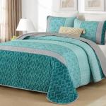 Teal King Size Striped Quilt Set with Shams