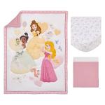 Disney Make A Wish Multi Princess Pink and White Belle, Tiana, and Aurora 3 Piece Nursery Crib Bedding Set - Comforter, Fitted Crib Sheet, and Crib Skirt