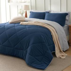Bedsure Twin Comforter Set - 5 Pieces Reversible Navy Bedding, Twin Size Bed Set for All Seasons, Bed in a Bag with Down Alternative Comforter, Sheets, Pillowcase & Sham