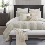Madison Park Queen Comforter Set Clipped Jacquard Stripes with Buttons Boho Comforter for a Queen-Size Bed, Cotton Oversized Comforters with Removable Cover Boho Bedding, Queen Ivory 8 Piece