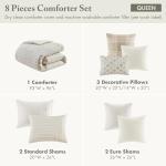 Madison Park Queen Comforter Set Clipped Jacquard Stripes with Buttons Boho Comforter for a Queen-Size Bed, Cotton Oversized Comforters with Removable Cover Boho Bedding, Queen Ivory 8 Piece