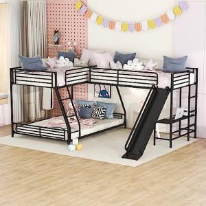 Triple Bunk Beds, L-Shape Twin Over Full Bunk Bed Attached a Loft Bed with Desk, Triple Bunk Beds with Slide, Metal Corner Bunk Bed Frame for Three Kids Boys Girls Teens, Black