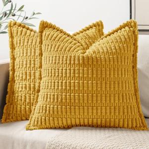 MIULEE Mustard Yellow Corduroy Decorative Throw Pillow Covers Pack of 2 Soft Striped Pillows Pillowcases with Broad Edge Spring Winter Modern Boho Home Decor for Couch Sofa Bed 18x18 Inch