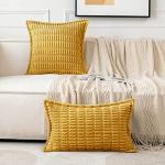 MIULEE Mustard Yellow Corduroy Decorative Throw Pillow Covers Pack of 2 Soft Striped Pillows Pillowcases with Broad Edge Spring Winter Modern Boho Home Decor for Couch Sofa Bed 18x18 Inch