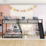 Triple Bunk Beds, L-Shape Twin Over Full Bunk Bed Attached a Loft Bed with Desk, Triple Bunk Beds with Slide, Metal Corner Bunk Bed Frame for Three Kids Boys Girls Teens, Black