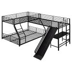 Triple Bunk Beds, L-Shape Twin Over Full Bunk Bed Attached a Loft Bed with Desk, Triple Bunk Beds with Slide, Metal Corner Bunk Bed Frame for Three Kids Boys Girls Teens, Black