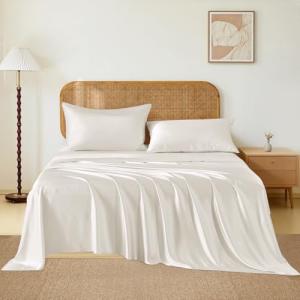 THXSILK Luxury Mulberry Silk Bed Sheets Set - 4pcs Silk Sheets Set 16" Deep Pocket - 1 Fitted Sheet, 1 Flat Sheet, 2 Pillowcases with Zipper Closure - Queen, White