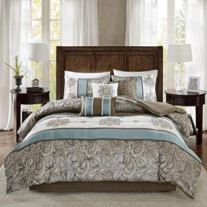 Madison Park Comforter Faux Silk-Traditional Luxurious Jacquard Design All Season Set, Matching Bed Skirt, Decorative Pillows, Queen(90"x90"), Blue 7 Piece