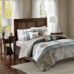 Madison Park Comforter Faux Silk-Traditional Luxurious Jacquard Design All Season Set, Matching Bed Skirt, Decorative Pillows, Queen(90"x90"), Blue 7 Piece