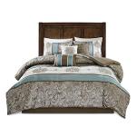 Madison Park Comforter Faux Silk-Traditional Luxurious Jacquard Design All Season Set, Matching Bed Skirt, Decorative Pillows, Queen(90"x90"), Blue 7 Piece