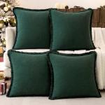 MIULEE Linen Pillow Covers 18x18 Inch Dark Green Decorative Throw Pillows with Fringe Pack of 4 Soft Farmhouse Boho Couch Pillows Home Decors for Sofa Cushion Living Room Bed