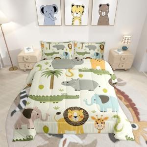 Feelyou Nursery Cute Wild Animals Bedding Set for Girls Boys Child Kids Cartoon Lion Giraffe Crocodile Comforter Decor Nature Wildlife Comforter Set Zoo Animal Theme Duvet Set Queen Size Quilt Set