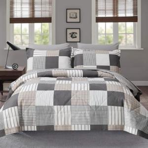 Comforter Set Queen Size Plaid Patchwork Comforter Bedding-7 Piece Bed in a Bag,Soft Fluffy Reversible Microfiber Bedding Set(1 Comforter,1 Flat Sheet,1 Fitted Sheet,2 Pillowcases,2 Pillow Shams),Grey