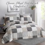 Comforter Set Queen Size Plaid Patchwork Comforter Bedding-7 Piece Bed in a Bag,Soft Fluffy Reversible Microfiber Bedding Set(1 Comforter,1 Flat Sheet,1 Fitted Sheet,2 Pillowcases,2 Pillow Shams),Grey