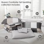 Comforter Set Queen Size Plaid Patchwork Comforter Bedding-7 Piece Bed in a Bag,Soft Fluffy Reversible Microfiber Bedding Set(1 Comforter,1 Flat Sheet,1 Fitted Sheet,2 Pillowcases,2 Pillow Shams),Grey