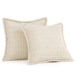 MIULEE Cream White Corduroy Decorative Throw Pillow Covers Pack of 2 Soft Striped Pillows Pillowcases with Broad Edge Modern Winter Cute Boho Home Decor for Couch Sofa Bed 18x18 Inch