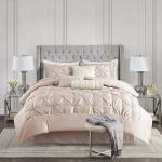 Madison Park Laurel Cozy Comforter Set - Traditional Tufted Faux Silk Design, All Season Down Alternative Bedding with Matching Shams, Decorative Pillow, Blush Queen(90"x90") 7 Piece