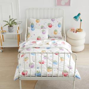 PinkMemory Strawberry Toddler Bedding Set for Girls Boys 5 Pieces Bed-in-a-Bag Quilt Comforter Set Kids Crib Bedding Sets,1 Quilted Comforter,1 Flat Sheet, 1 Fitted Sheet and Toddler Pillowcases