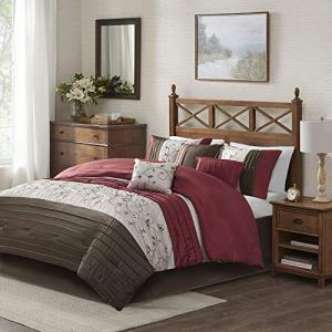 Madison Park Serene Faux Silk Comforter Set - Floral Embroidery Design, All Season Bedding Set, Matching Bed Skirt, Decorative Pillows, Red Queen(90"x90") 7 Piece