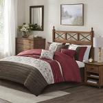 Madison Park Serene Faux Silk Comforter Set - Floral Embroidery Design, All Season Bedding Set, Matching Bed Skirt, Decorative Pillows, Red Queen(90"x90") 7 Piece