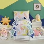 4 Pieces Toddler Bedding Set for Boys Girls - Ultra Soft Yellow Orange Navy Green Trangles Cubes Stripes Bed in a Bag - Comforter Set, Fitted Sheet, Flat Sheet, Pillowcses
