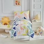 4 Pieces Toddler Bedding Set for Boys Girls - Ultra Soft Yellow Orange Navy Green Trangles Cubes Stripes Bed in a Bag - Comforter Set, Fitted Sheet, Flat Sheet, Pillowcses