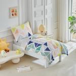 4 Pieces Toddler Bedding Set for Boys Girls - Ultra Soft Yellow Orange Navy Green Trangles Cubes Stripes Bed in a Bag - Comforter Set, Fitted Sheet, Flat Sheet, Pillowcses