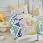 4 Pieces Toddler Bedding Set for Boys Girls - Ultra Soft Yellow Orange Navy Green Trangles Cubes Stripes Bed in a Bag - Comforter Set, Fitted Sheet, Flat Sheet, Pillowcses