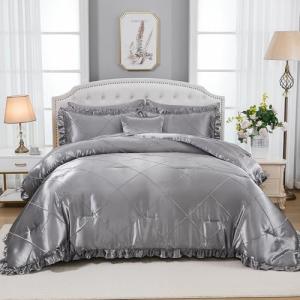 Grey Comforter Set Queen Sheet Set Silk Like Satin Bedding Set Silky Bed in a Bag 8 Pcs Pinch Pleat Bed Set Home Decor Luxury Hotel Silky Ruffle Down Comforter with 1 Cushion Cover