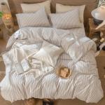 MooMee Striped Duvet Cover Set 100% Washed Cotton Linen Like Textured Breathable Durable Soft Comfy (Tannish Linen Grey White Classic Stripes, King 104"x90")
