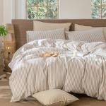 MooMee Striped Duvet Cover Set 100% Washed Cotton Linen Like Textured Breathable Durable Soft Comfy (Tannish Linen Grey White Classic Stripes, King 104"x90")