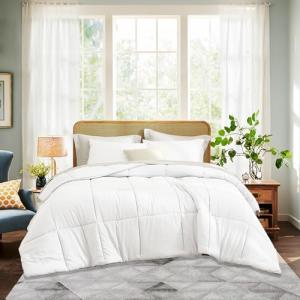 REYOS 90''x90'' Queen Size Cozy Comforter Set with 2 Pillowcases 100% Microfiber 3 Pieces Bedding Set for Bed Simple Plaid Quilted Comforter Sets, White