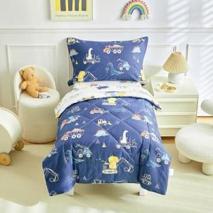 DuShow Dinosaur Toddler Bedding Set,4 Pieces Cotton Comforter Set for Boys,4 Piece Crib Bed Sheet Set,Super Soft and Comfortable-Navy Blue