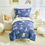 DuShow Dinosaur Toddler Bedding Set,4 Pieces Cotton Comforter Set for Boys,4 Piece Crib Bed Sheet Set,Super Soft and Comfortable-Navy Blue